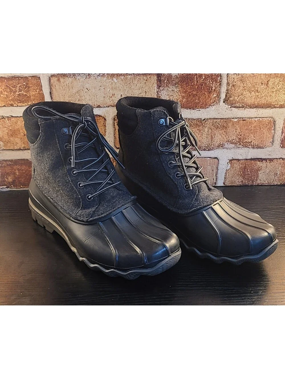 Sperry Top-Sider Avenue Duck Boots Mens Sz 8 Grey Black Wool Blend Rain Snow EUC